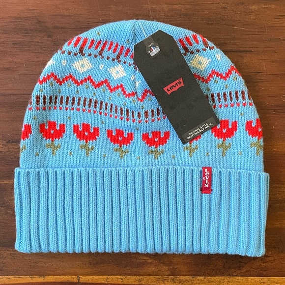 *NWT* Levi’s Fair Isle Graphic Knit Beanie, Blue/Red - Picture 2 of 8